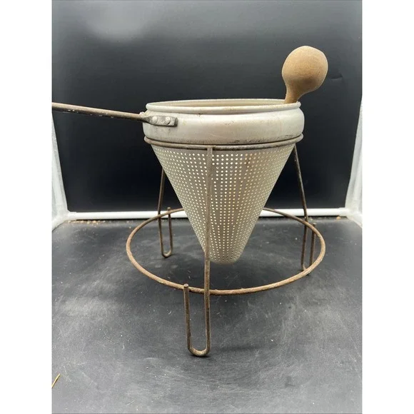Vintage Aluminum Sieve Strainer 1970s w/ Stand and Wood Masher - Wood Canning - Picture 6 of 10